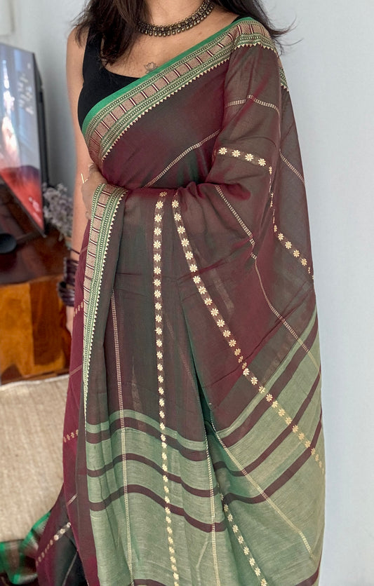 Coffee Brown with Green premium narayanpet with cream motif pattern