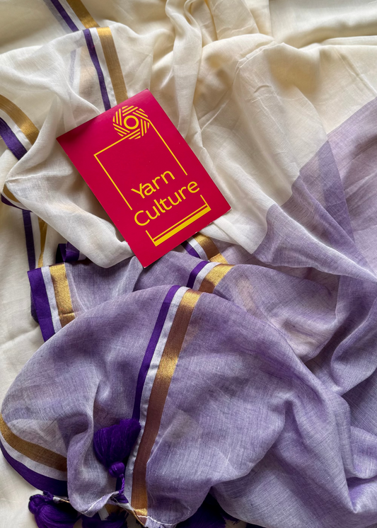 Ivory with violet and gold stripe border, mul cotton - YCON25BCM104