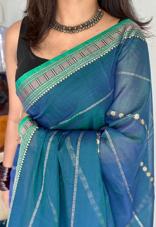Peacock blue with Green premium narayanpet with cream motif pattern