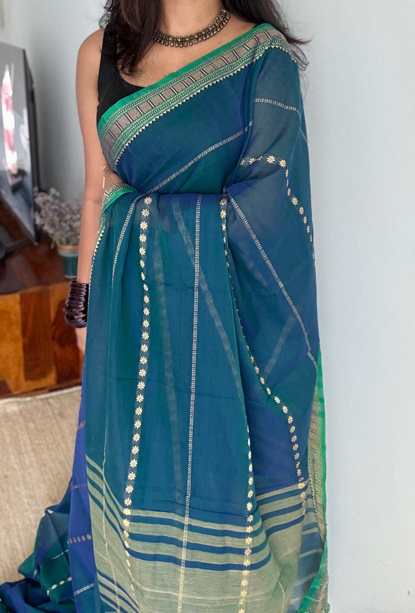 Peacock blue with Green premium narayanpet with cream motif pattern