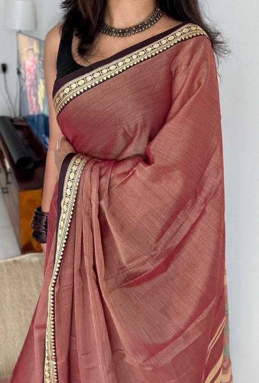 Pinkish Brown premium narayanpet with dark brown motif border