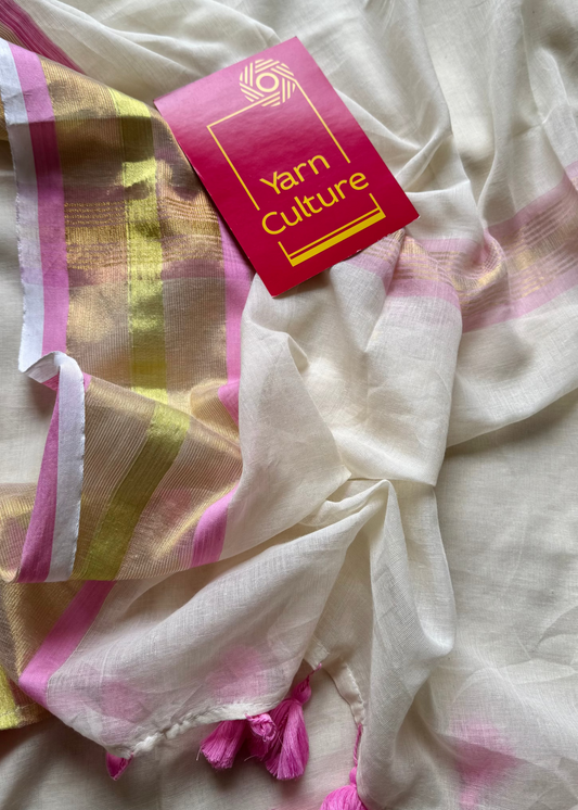 Ivory with pink and bright gold zari border, mul cotton - YCON25BCM51