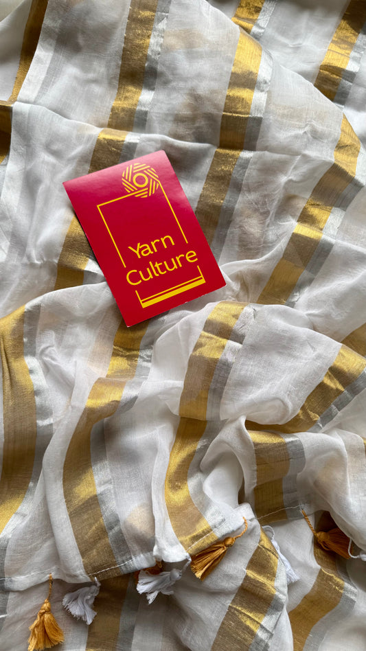 White with gold and silver zari stripes, mul cotton - YCON25BCM59