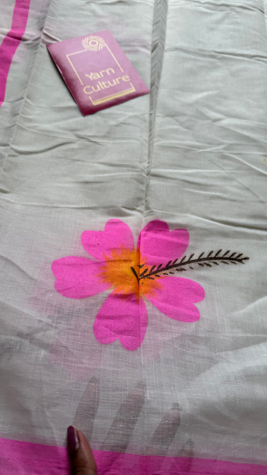 Ivory soft cotton with painted hibiscus flowers in bright pink - YCON25BCSC47