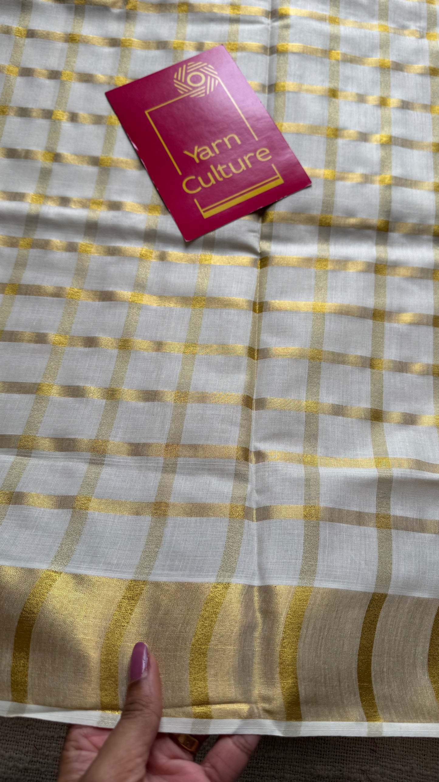 Ivory and gold bold checks, kerala tissue cotton - YCON25KCMC66