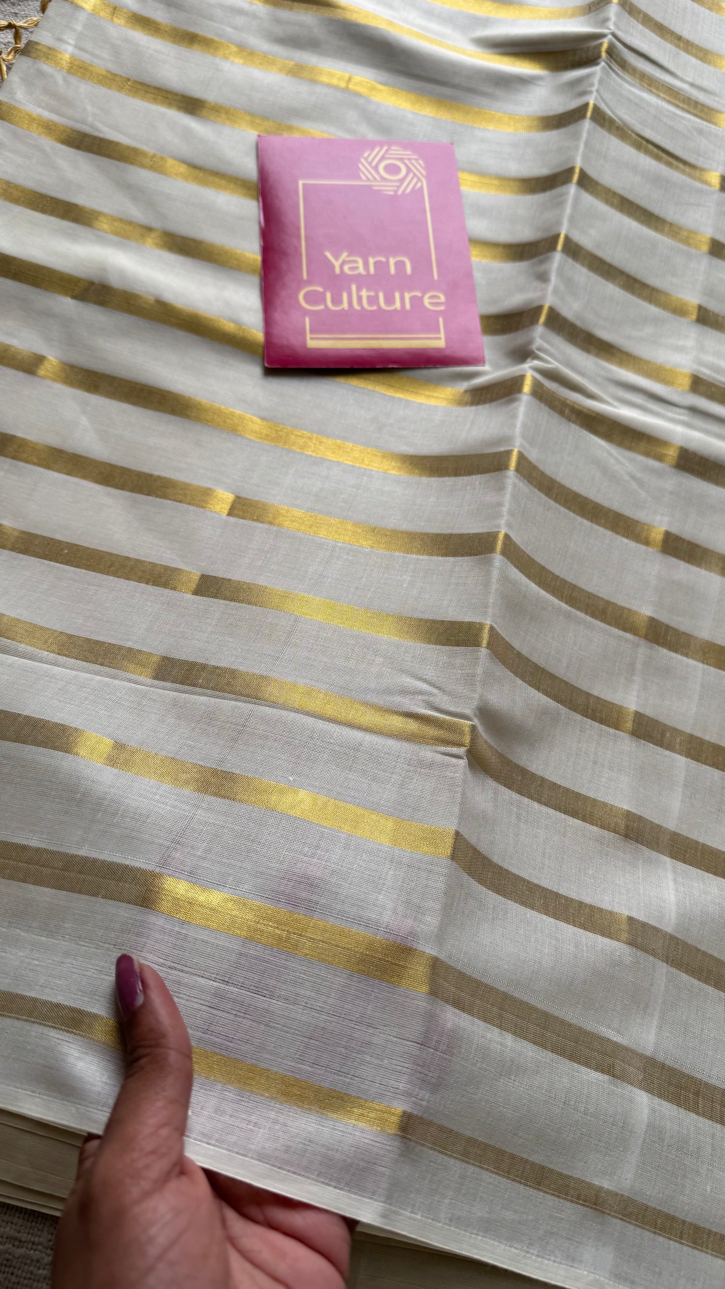 Ivory with gold stripes, kerala cotton - YCON25KCBS263