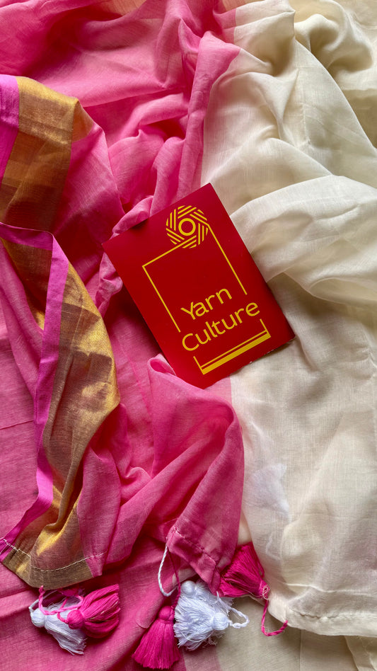 Ivory with dyed pink and antique gold zari border, mul cotton - YCON25BCM25