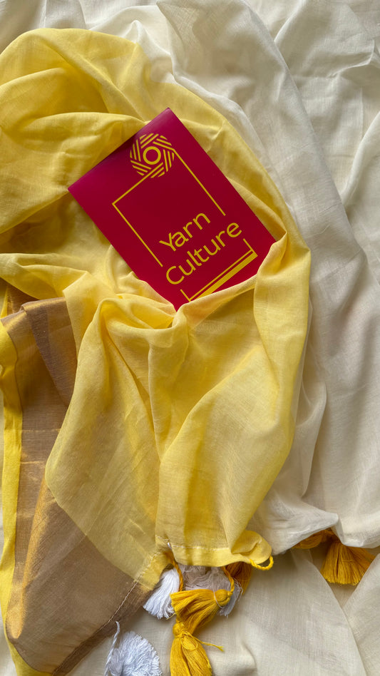 Ivory with dyed yellow and antique gold zari border, mul cotton - YCON25BCM42