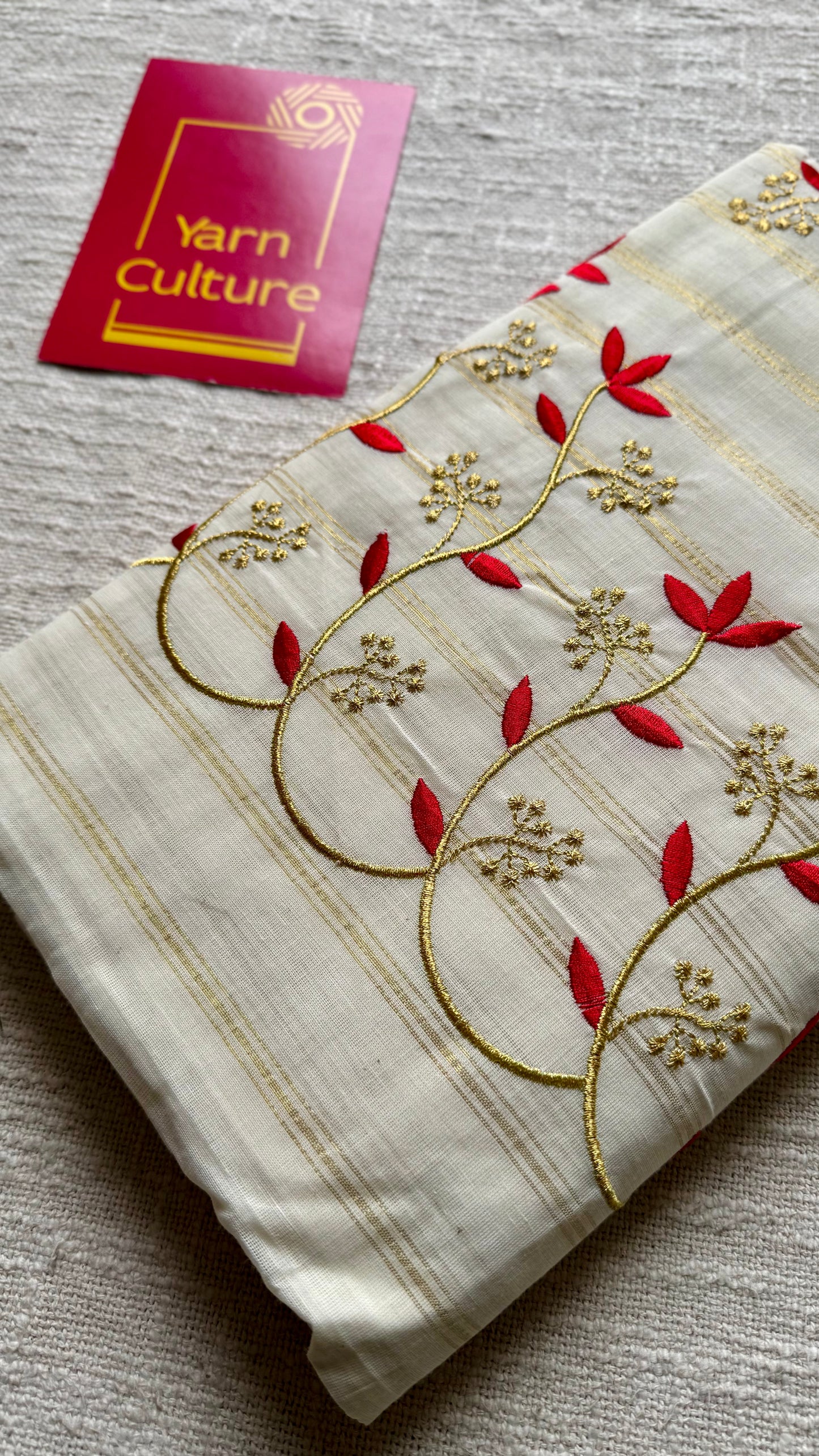 Ivory and gold with red small flower embroidery, striped zari, kerala cotton - YCON25KCSFE74