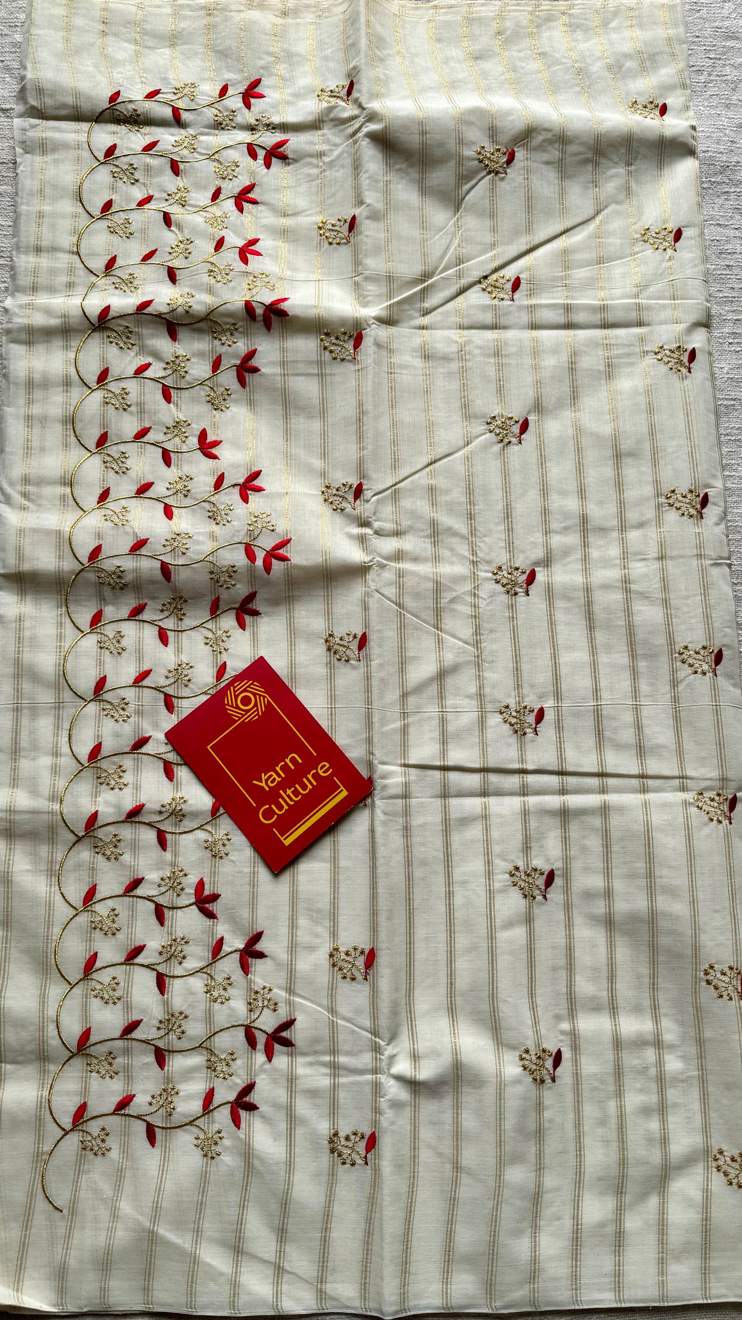 Ivory and gold with red small flower embroidery, striped zari, kerala cotton - YCON25KCSFE74