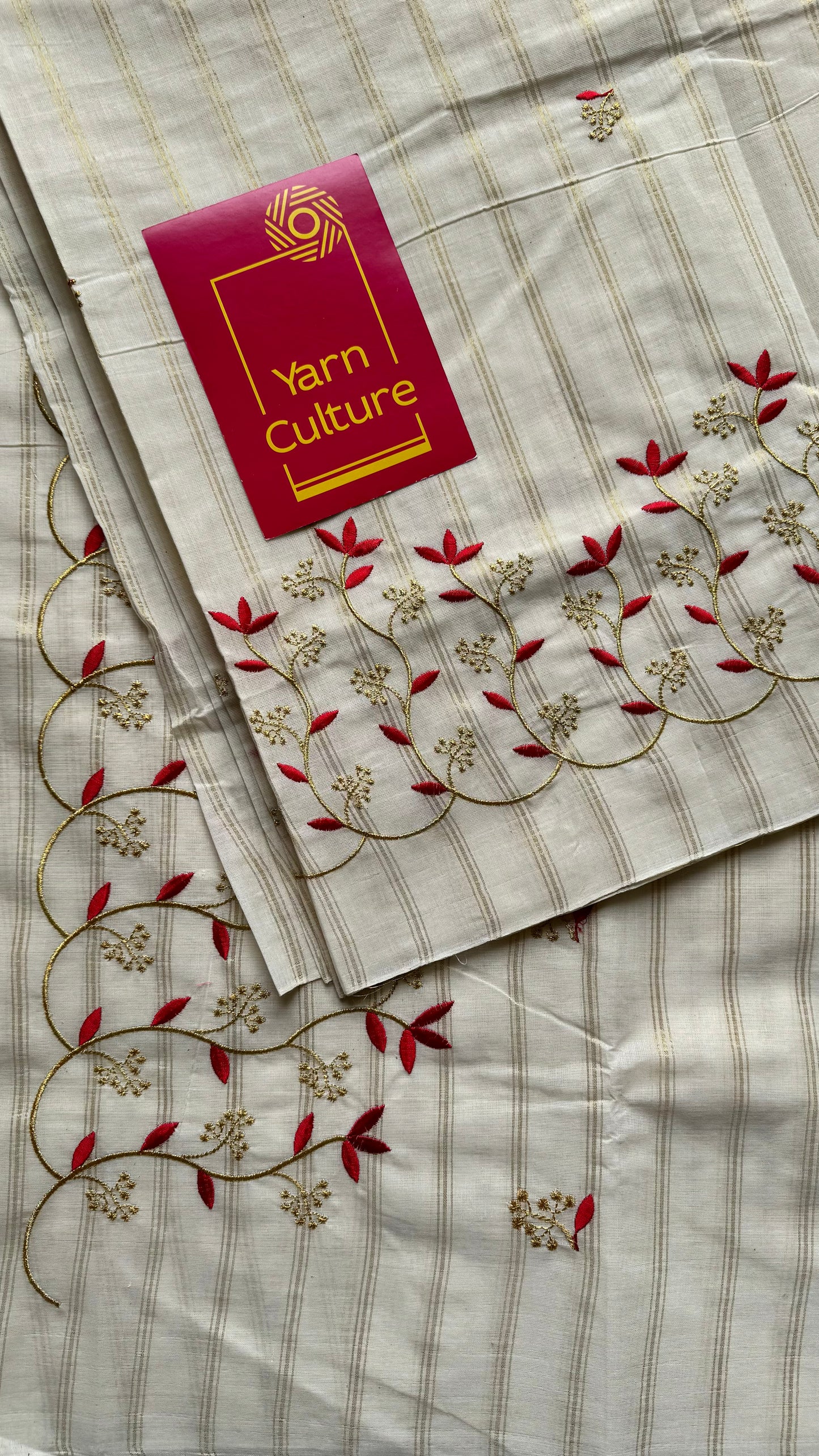Ivory and gold with red small flower embroidery, striped zari, kerala cotton - YCON25KCSFE74