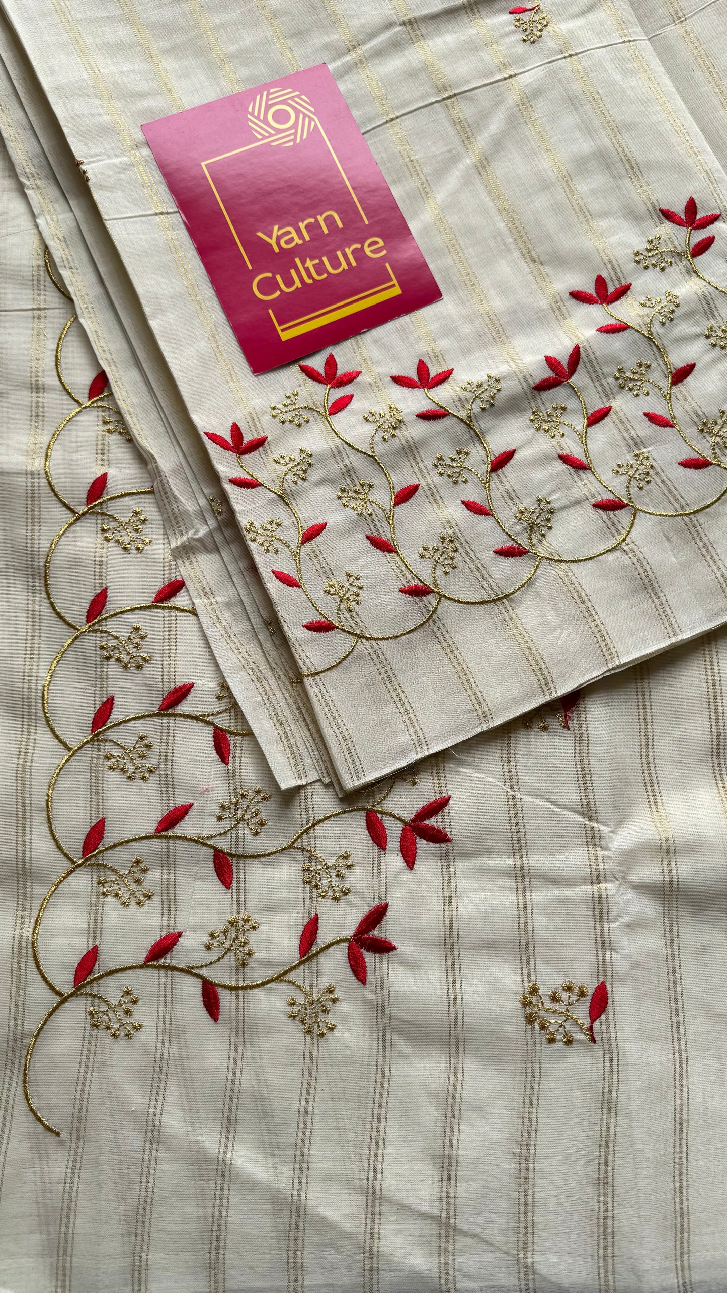 Ivory and gold with red small flower embroidery, striped zari, kerala cotton - YCON25KCSFE74