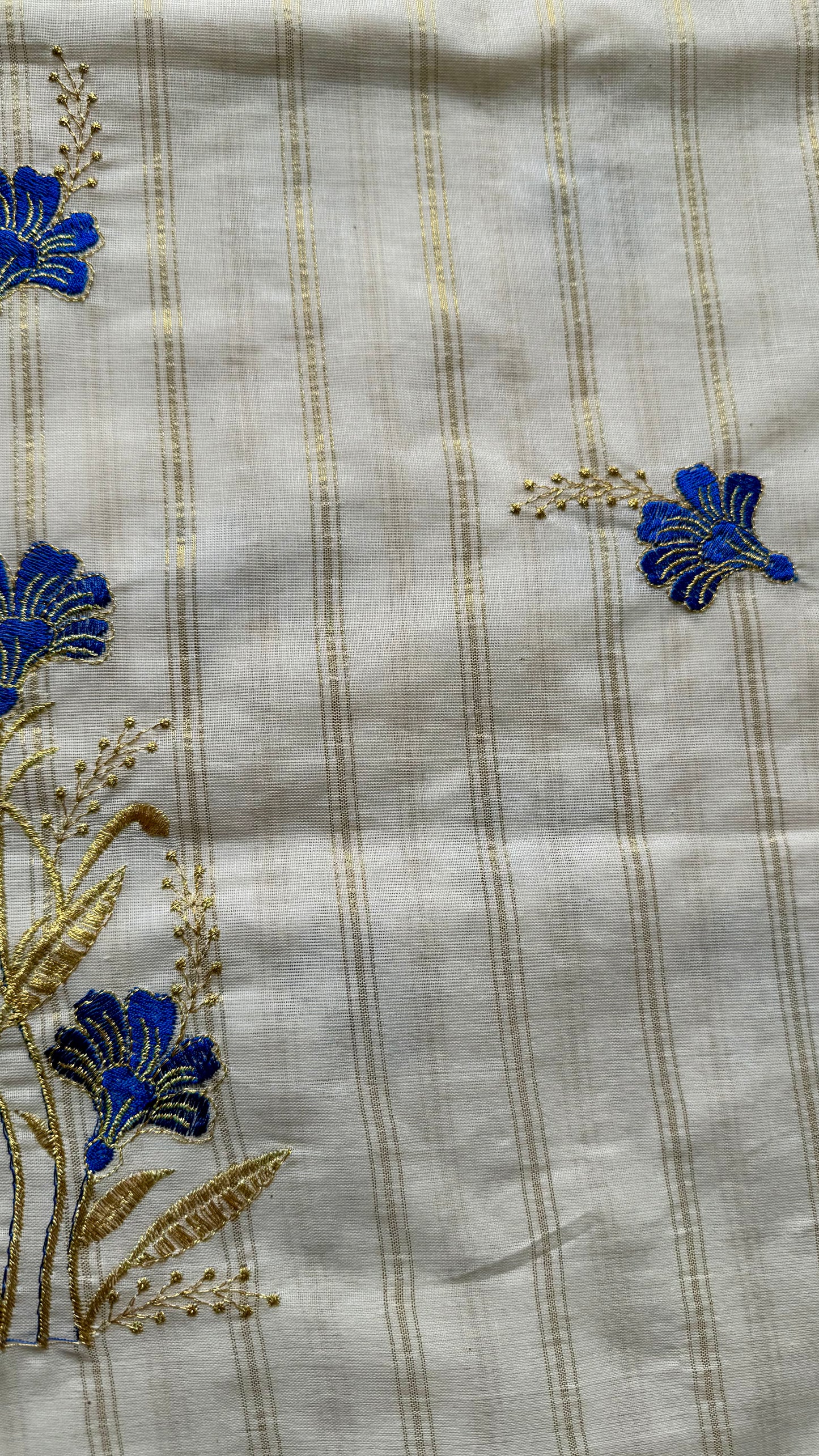 Ivory and gold with blue flower embroidery, striped zari, kerala cotton - YCON25KCSFE73