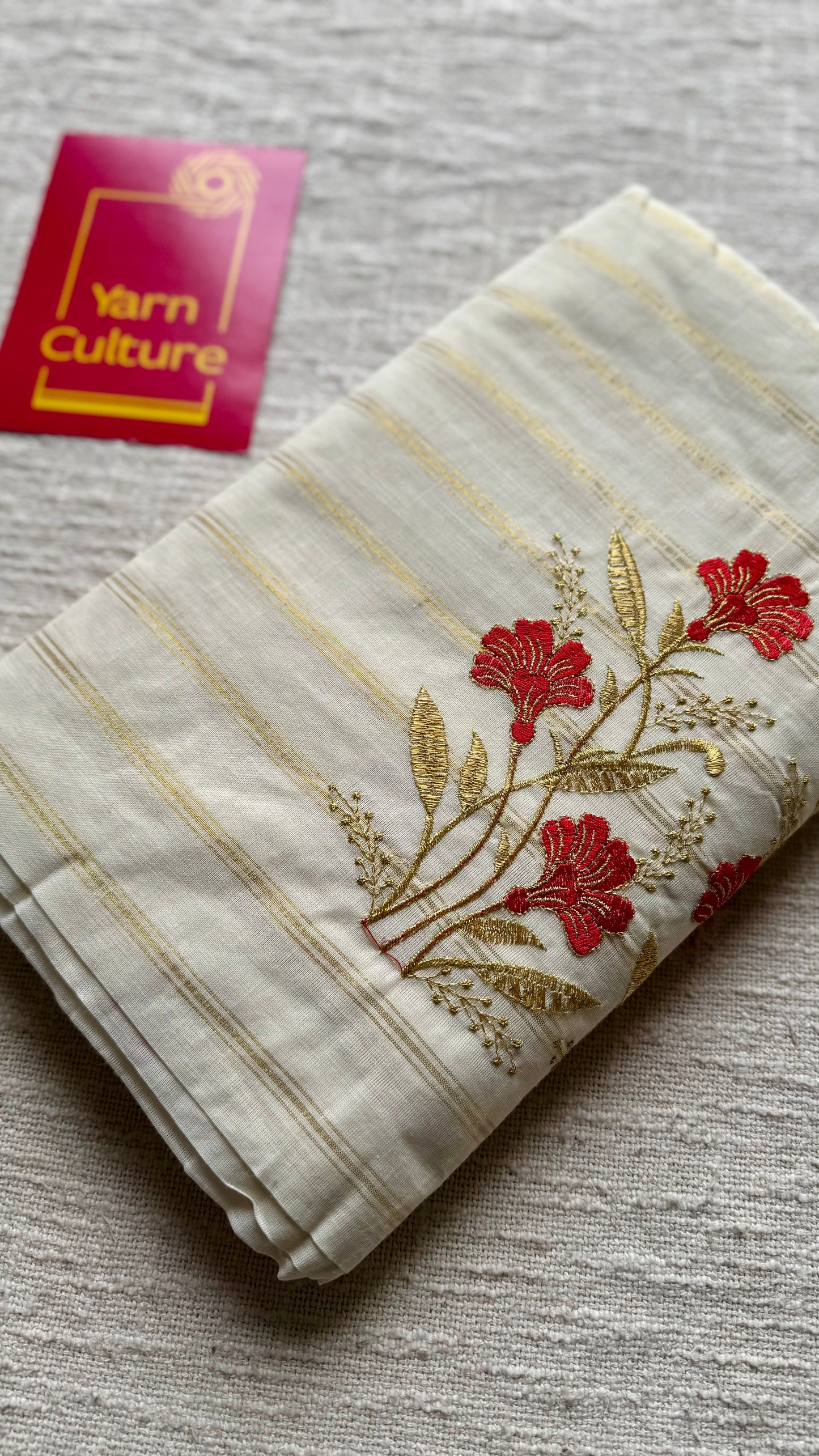 Ivory and gold with red flower embroidery, striped zari, kerala cotton - YCON25KCSFE262