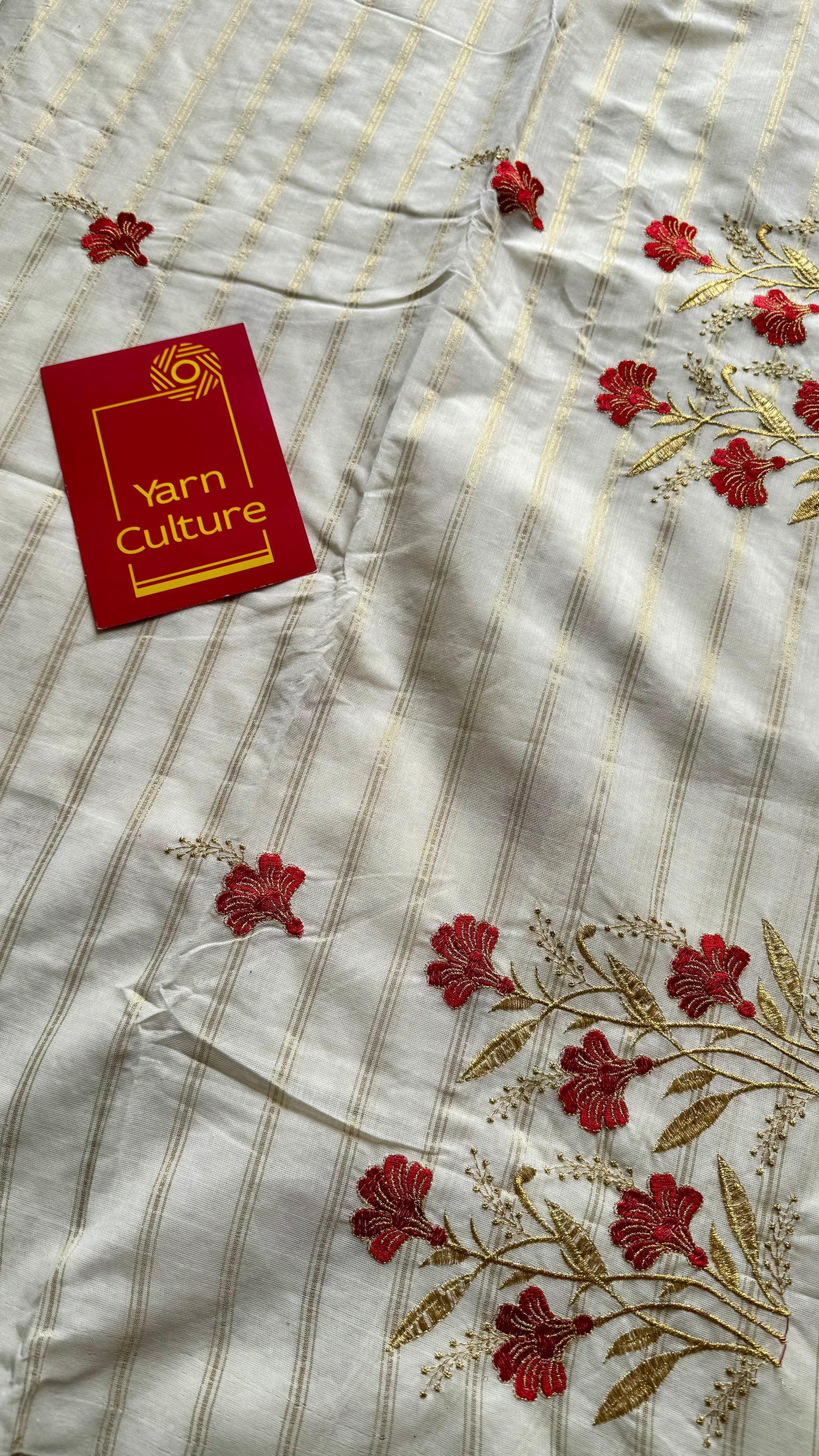 Ivory and gold with red flower embroidery, striped zari, kerala cotton - YCON25KCSFE262