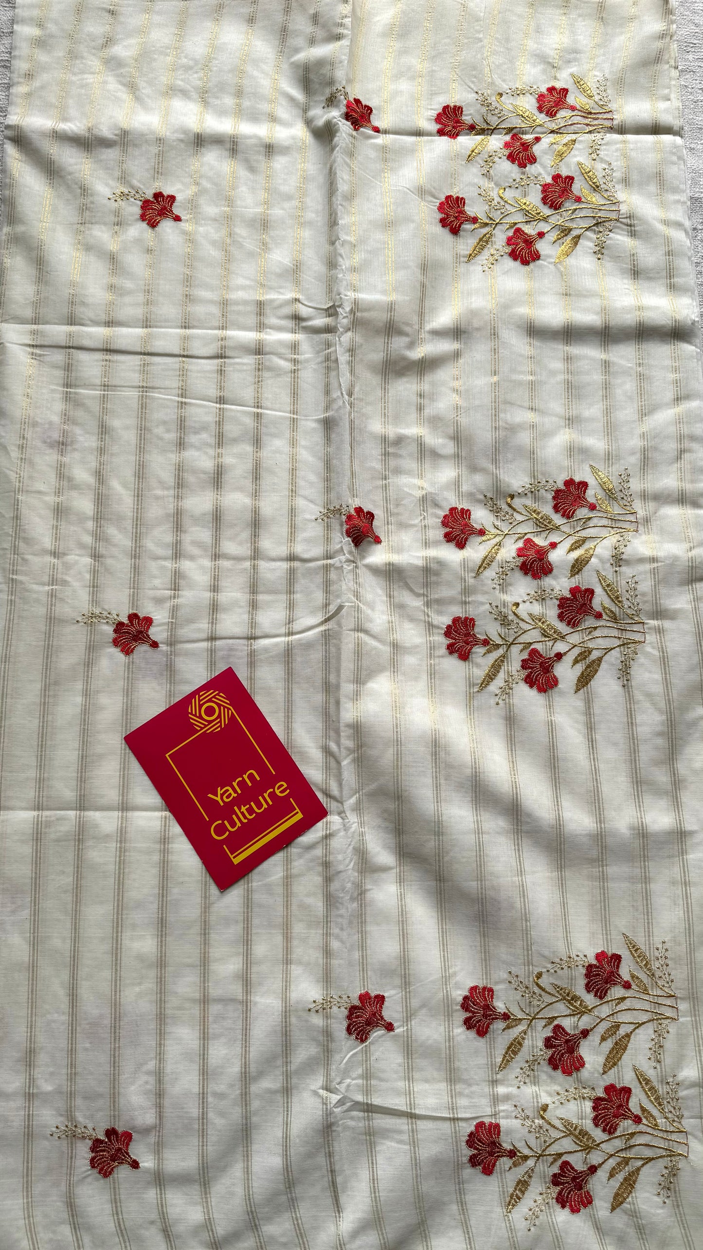 Ivory and gold with red flower embroidery, striped zari, kerala cotton - YCON25KCSFE262