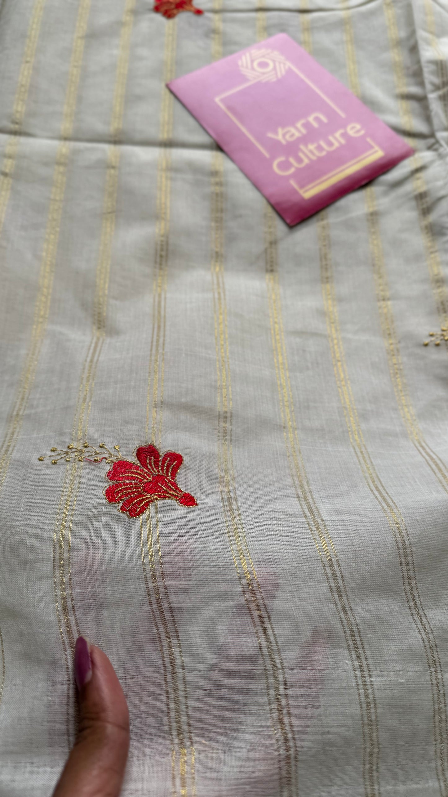 Ivory and gold with red flower embroidery, striped zari, kerala cotton - YCON25KCSFE262