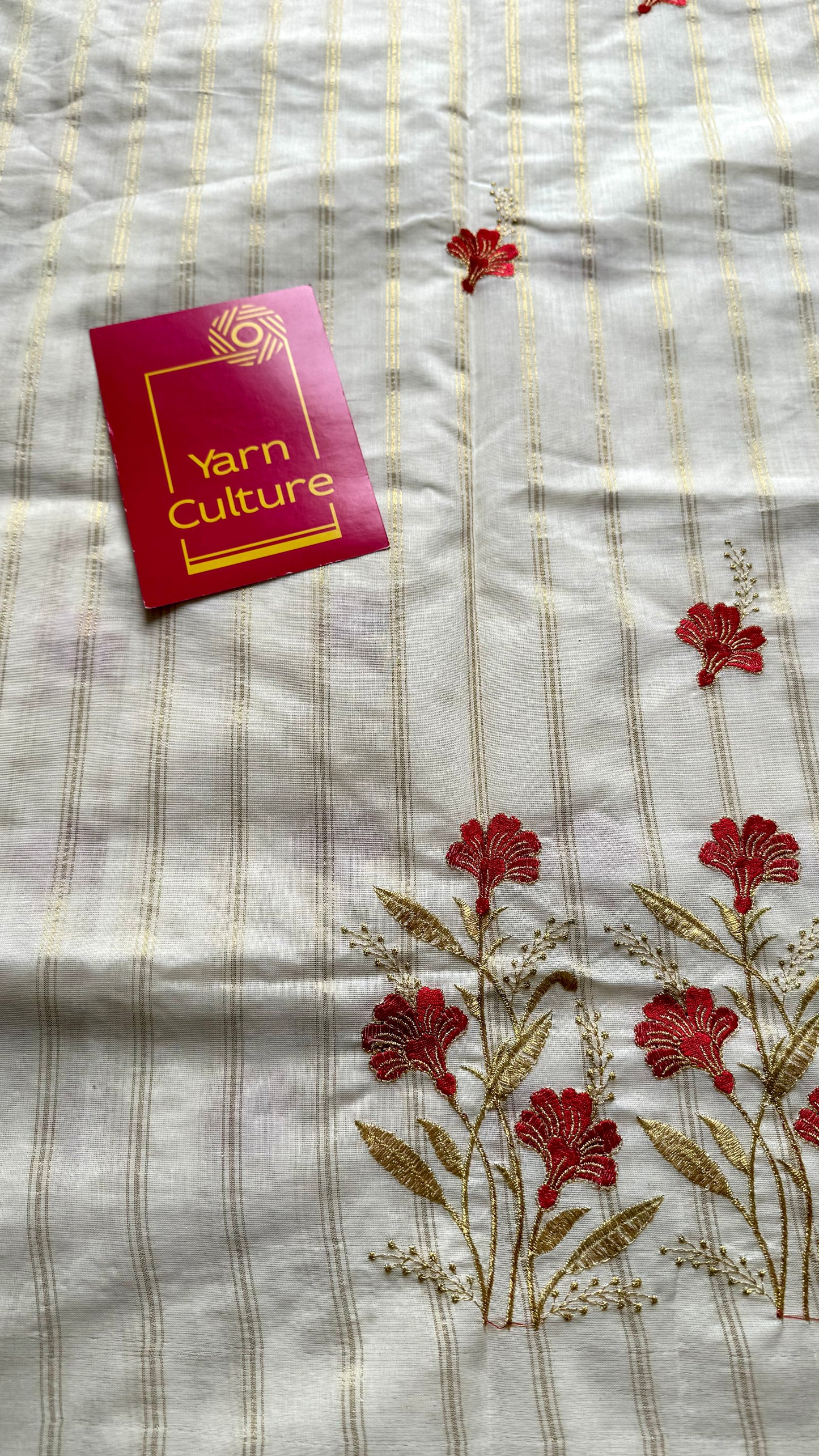 Ivory and gold with red flower embroidery, striped zari, kerala cotton - YCON25KCSFE262
