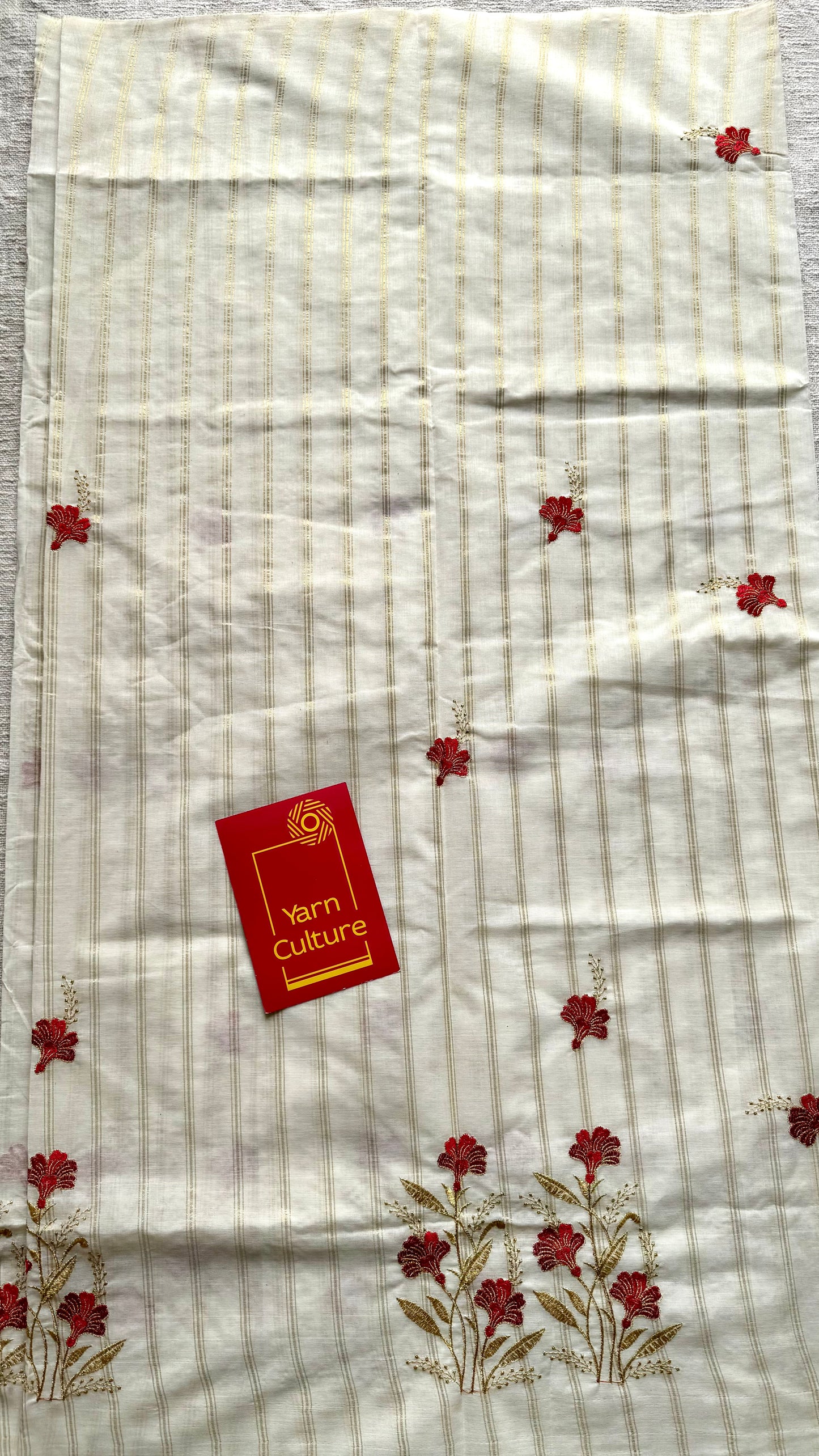 Ivory and gold with red flower embroidery, striped zari, kerala cotton - YCON25KCSFE262