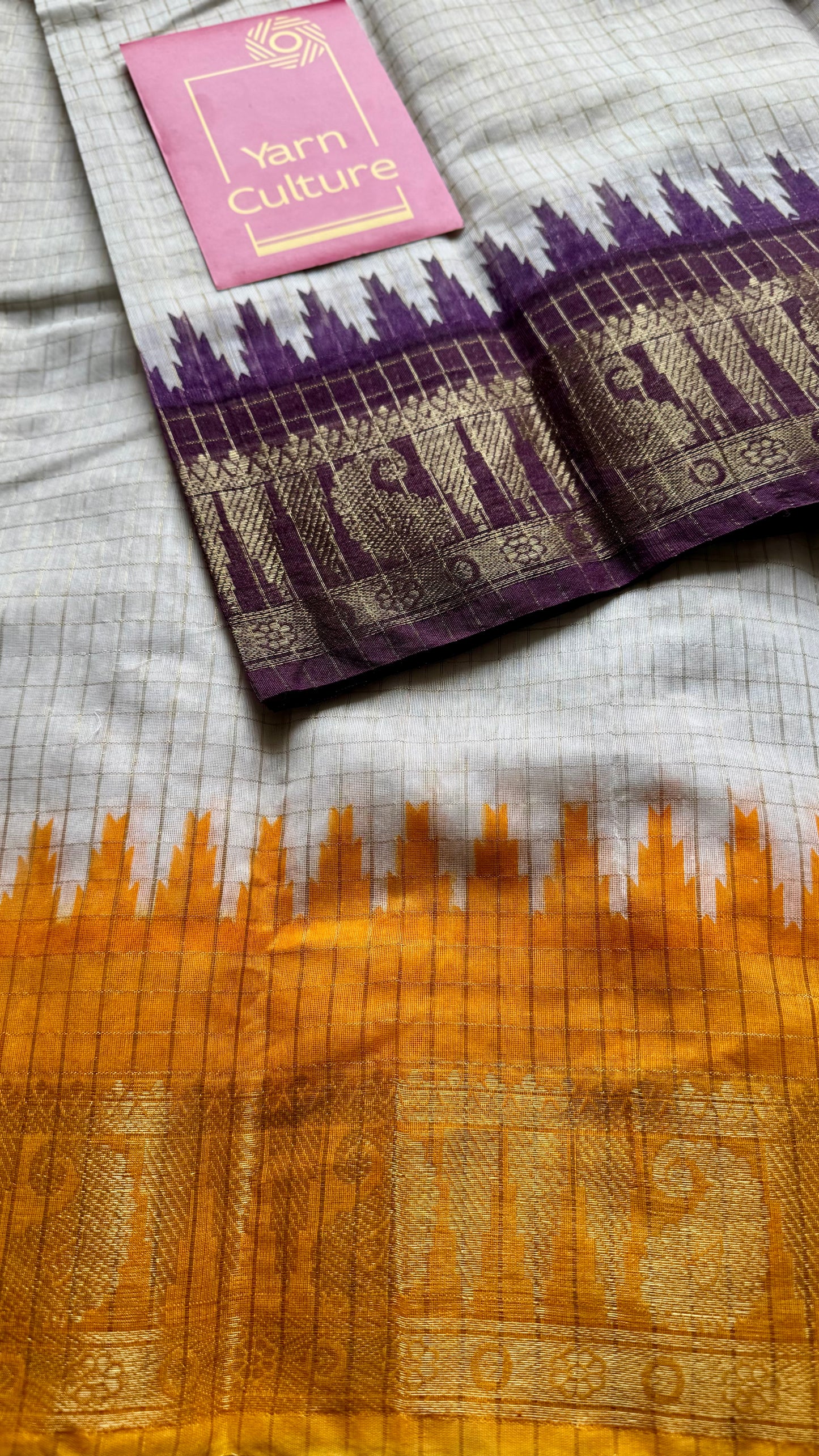 Dark Violet Yellow - sungudi cotton checks, ivory gold base, soft cotton - YCON25COTN95