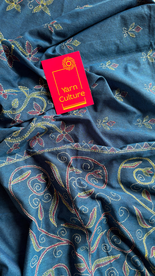 Morupankhi (মরুপঙ্খী) - Peacock Feather, peacock blue kantha weave in soft khadi cotton - YCBCKKC04