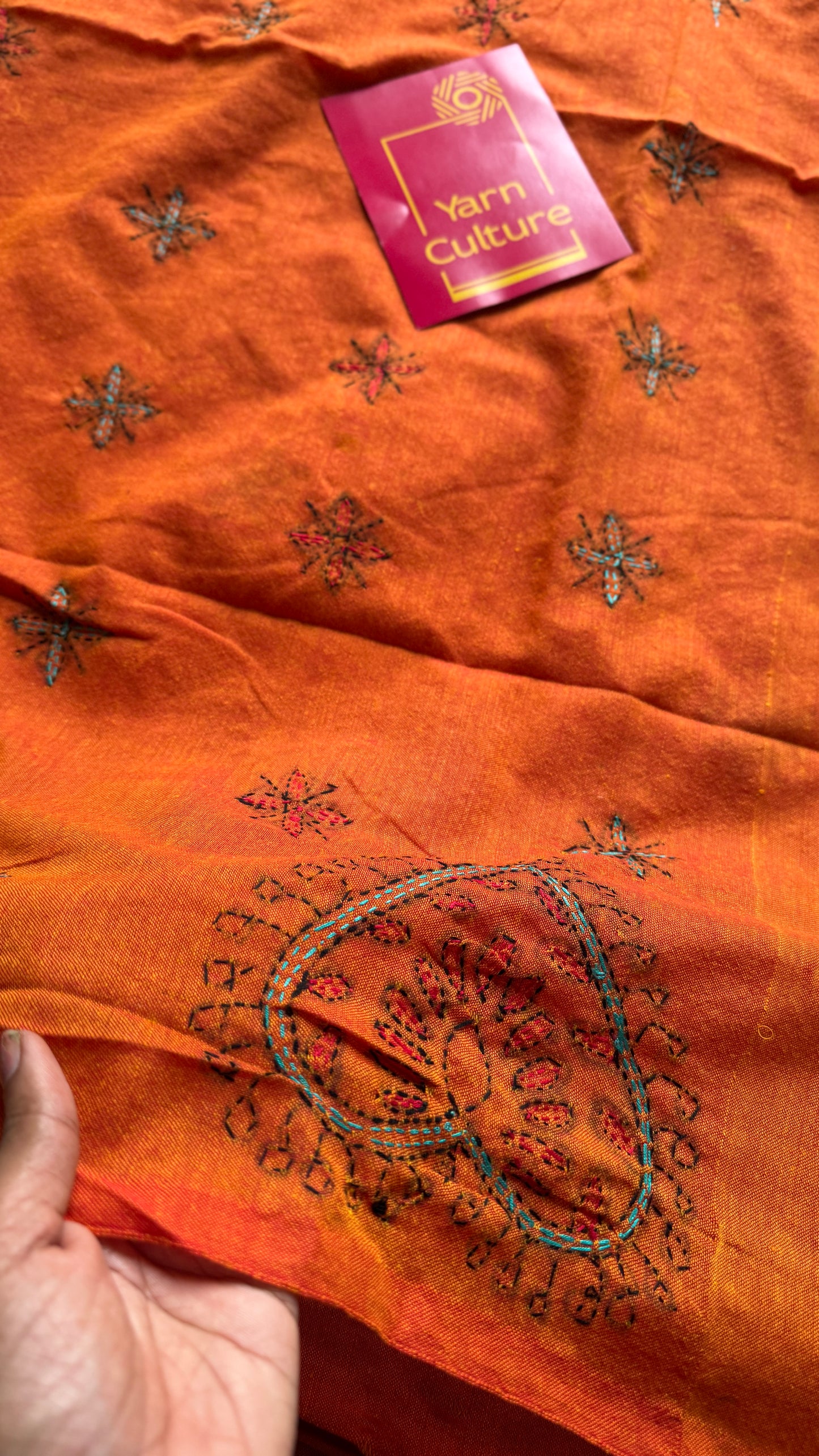 Shondhya Alo (সন্ধ্যা আলো) - Evening Light, orange kantha weave in soft khadi cotton - YCBCKKC03