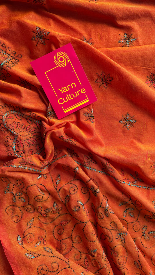 Shondhya Alo (সন্ধ্যা আলো) - Evening Light, orange kantha weave in soft khadi cotton - YCBCKKC03