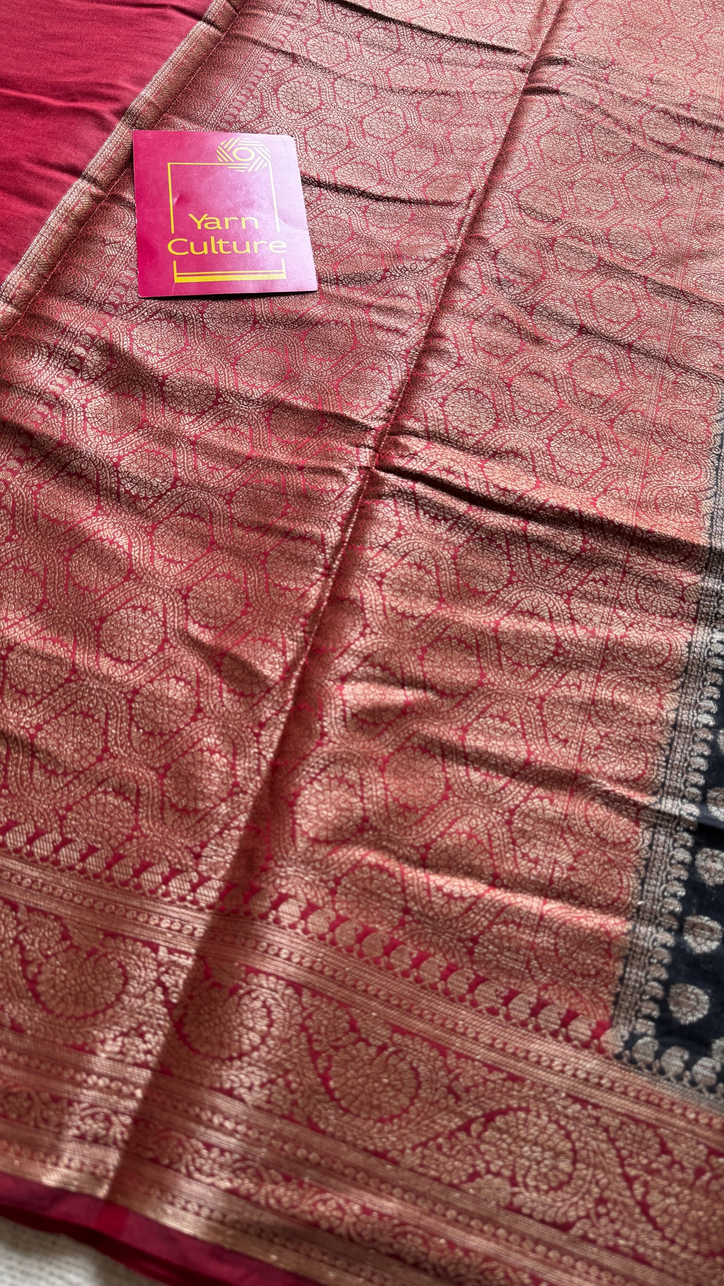 Kohl & Kumkum - Black antique gold with contrast maroon border & pallu, Banarasi semi georgette