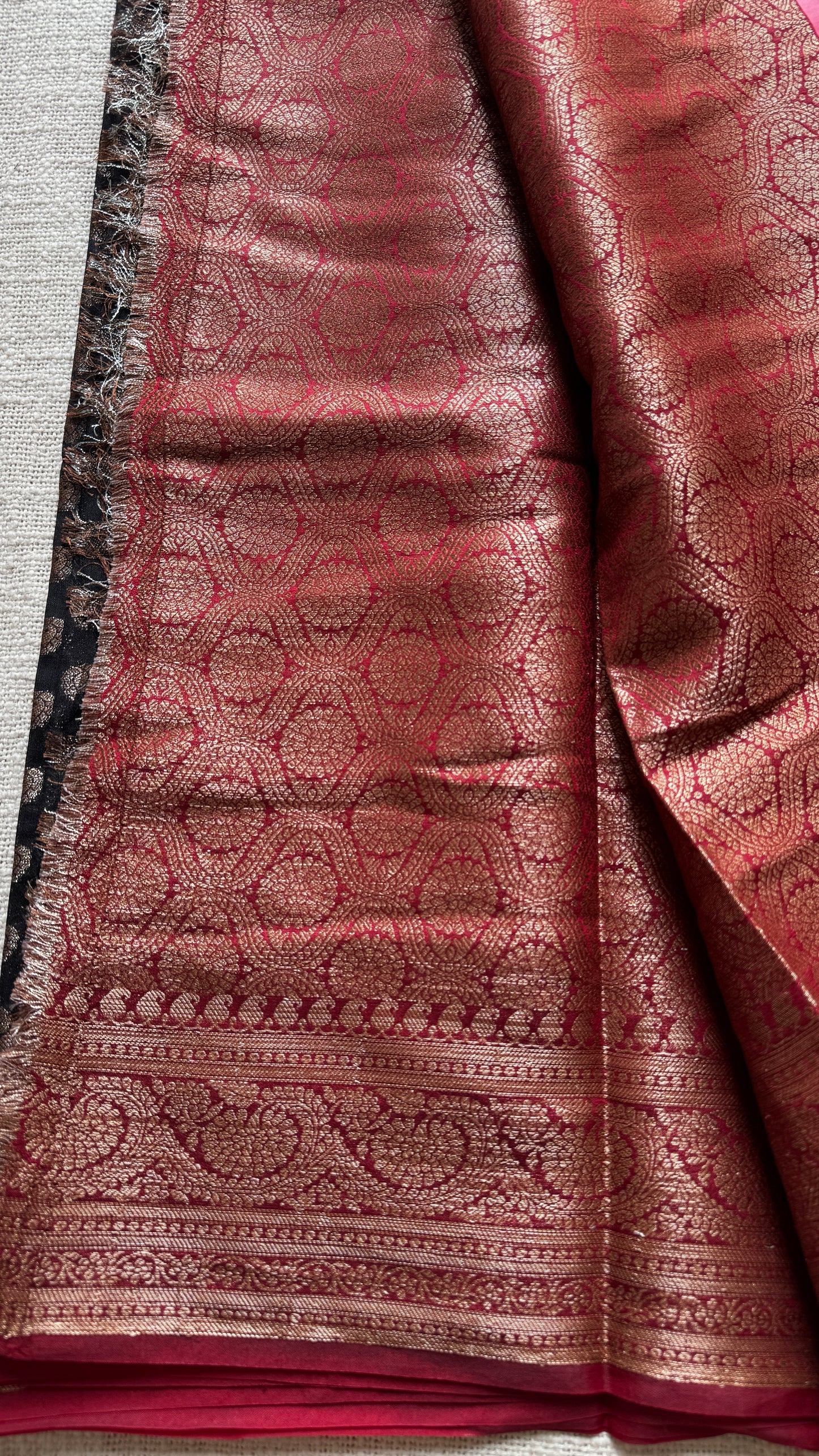 Kohl & Kumkum - Black antique gold with contrast maroon border & pallu, Banarasi semi georgette