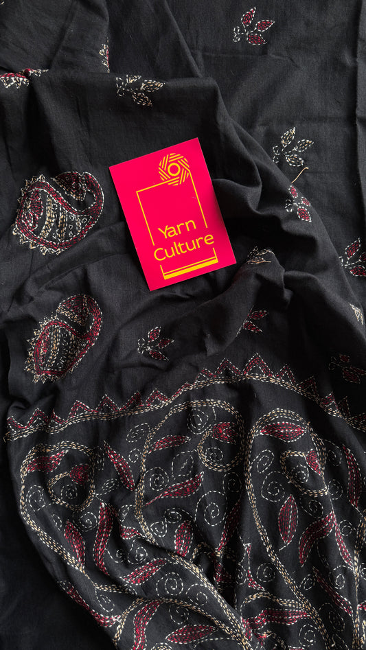 Kaaj Kaalo (কাজ কালো) - Embroidered Black, kantha weave in soft khadi cotton - YCBCKKC01
