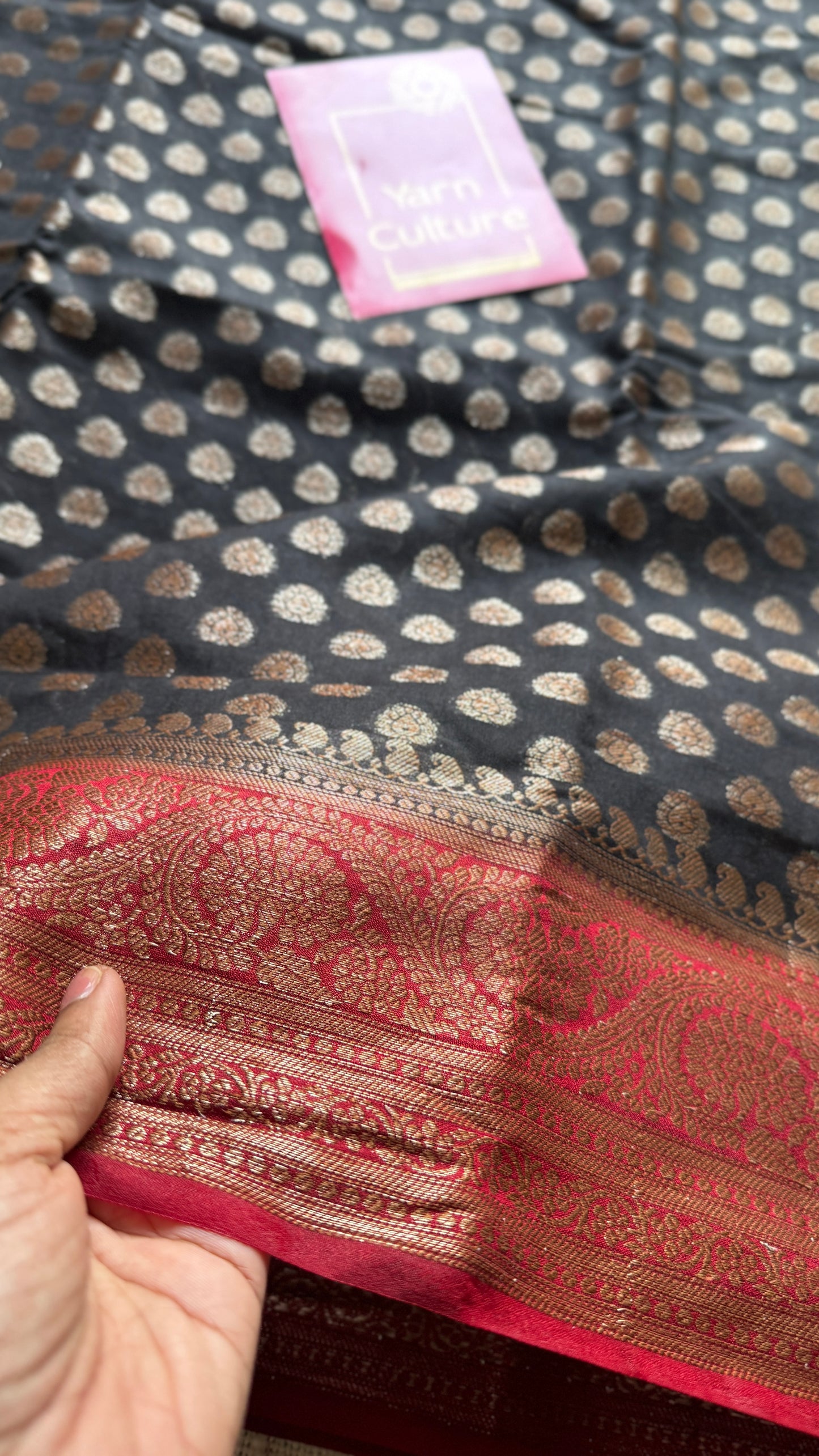 Kohl & Kumkum - Black antique gold with contrast maroon border & pallu, Banarasi semi georgette