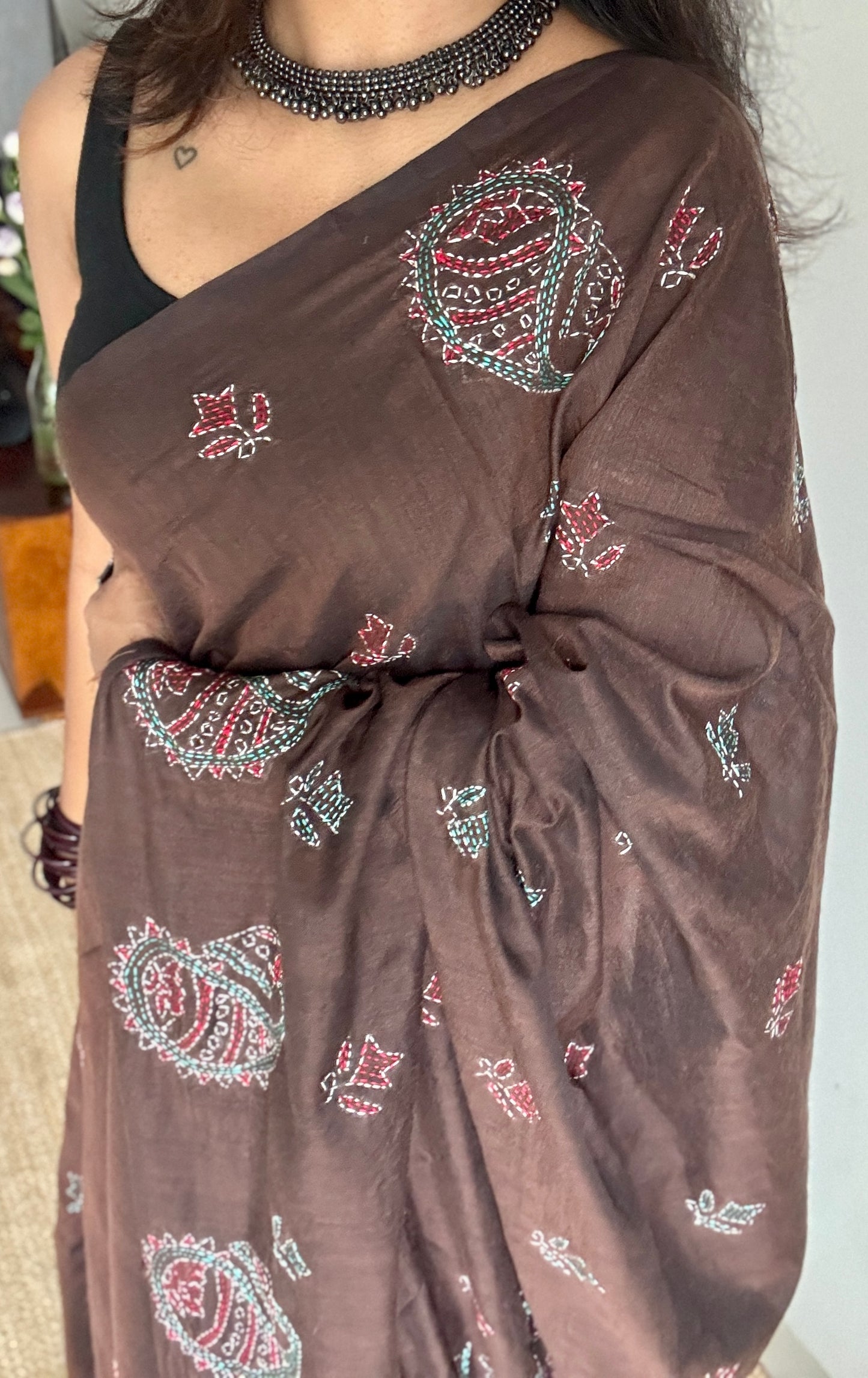 Mrittikar Gondho (মৃত্তিকার গন্ধ) - The Scent of Soil, dark brown kantha weave in soft khadi cotton - YCBCKKC08