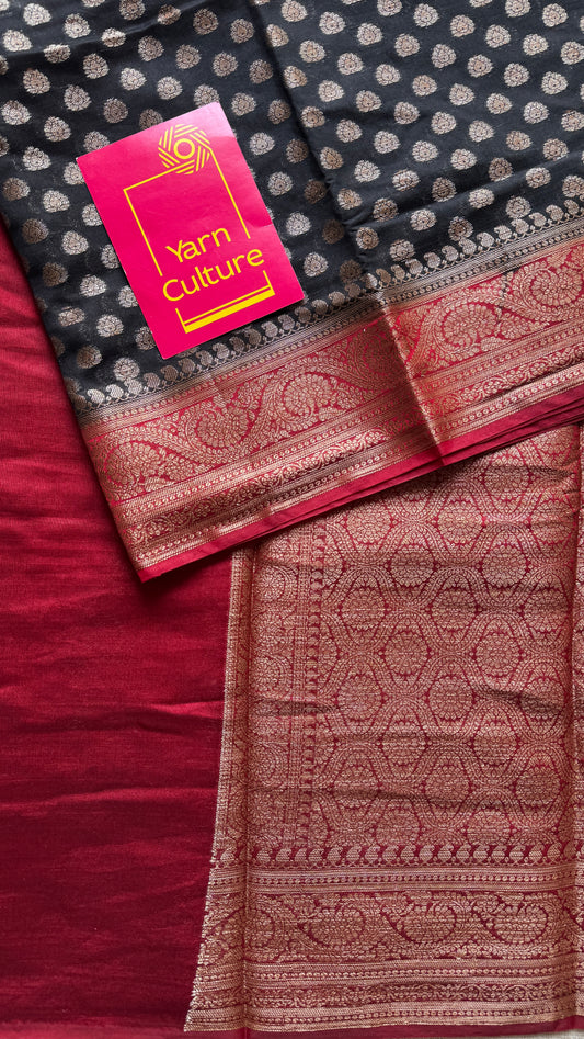 Kohl & Kumkum - Black antique gold with contrast maroon border & pallu, Banarasi semi georgette