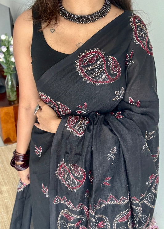 Kaaj Kaalo (কাজ কালো) - Embroidered Black, kantha weave in soft khadi cotton - YCBCKKC01