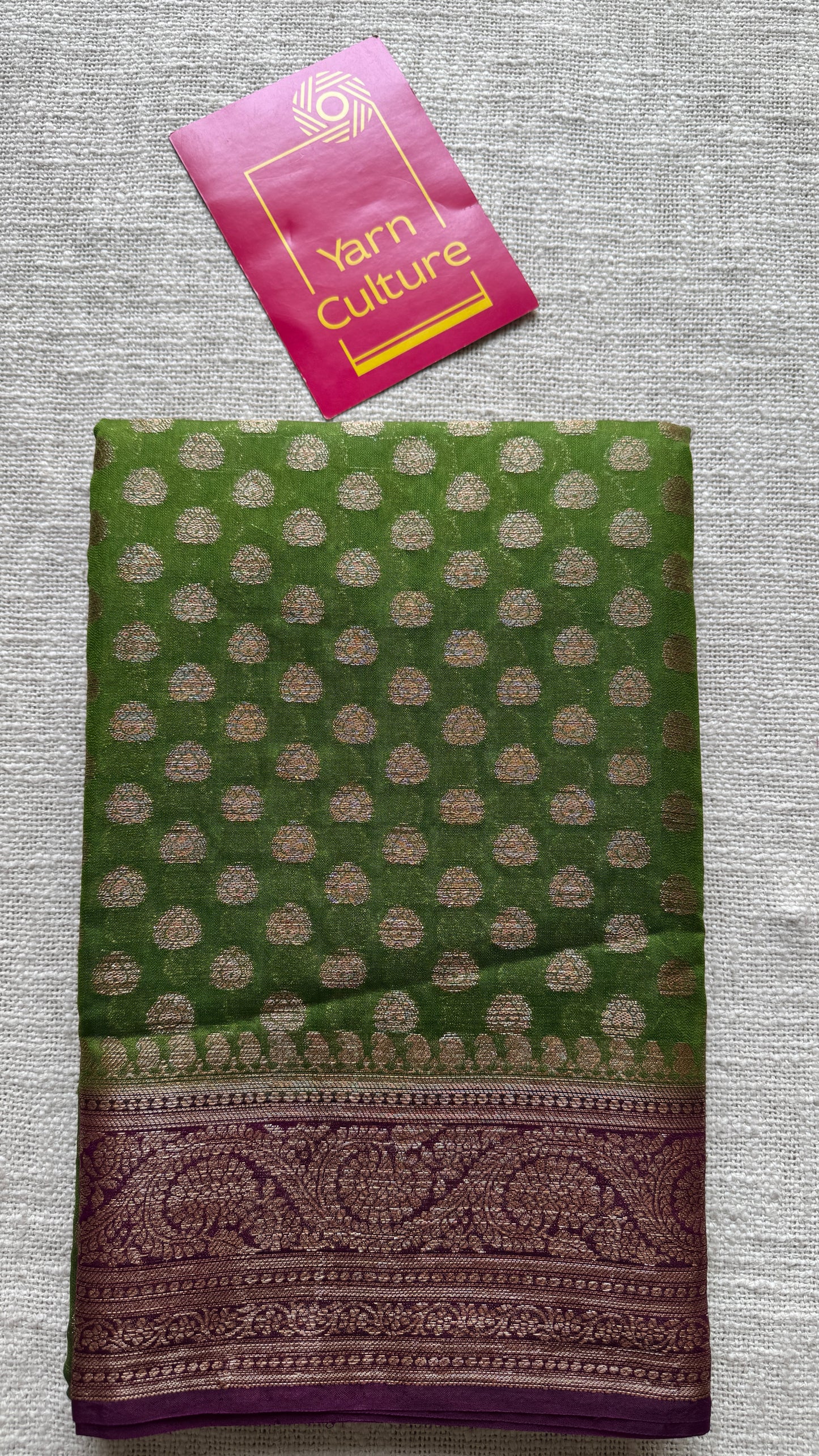 Mehendi Rang - Green antique gold with contrast purple border & pallu,  Banarasi semi georgette