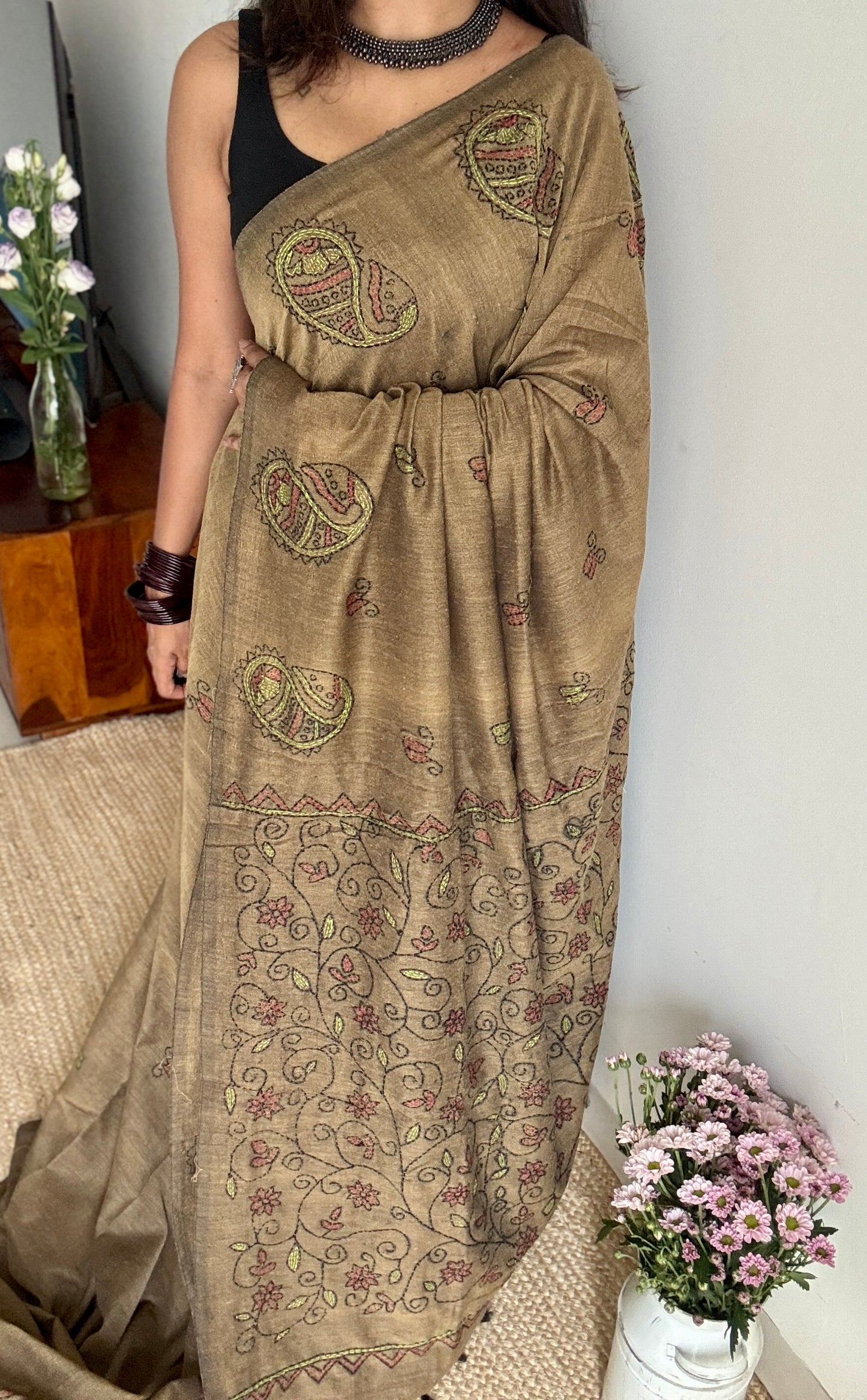 Mrittika (মৃত্তিকা) - Earth or Soil -  warm greyish brown kantha weave in soft khadi cotton - YCBCKKC06
