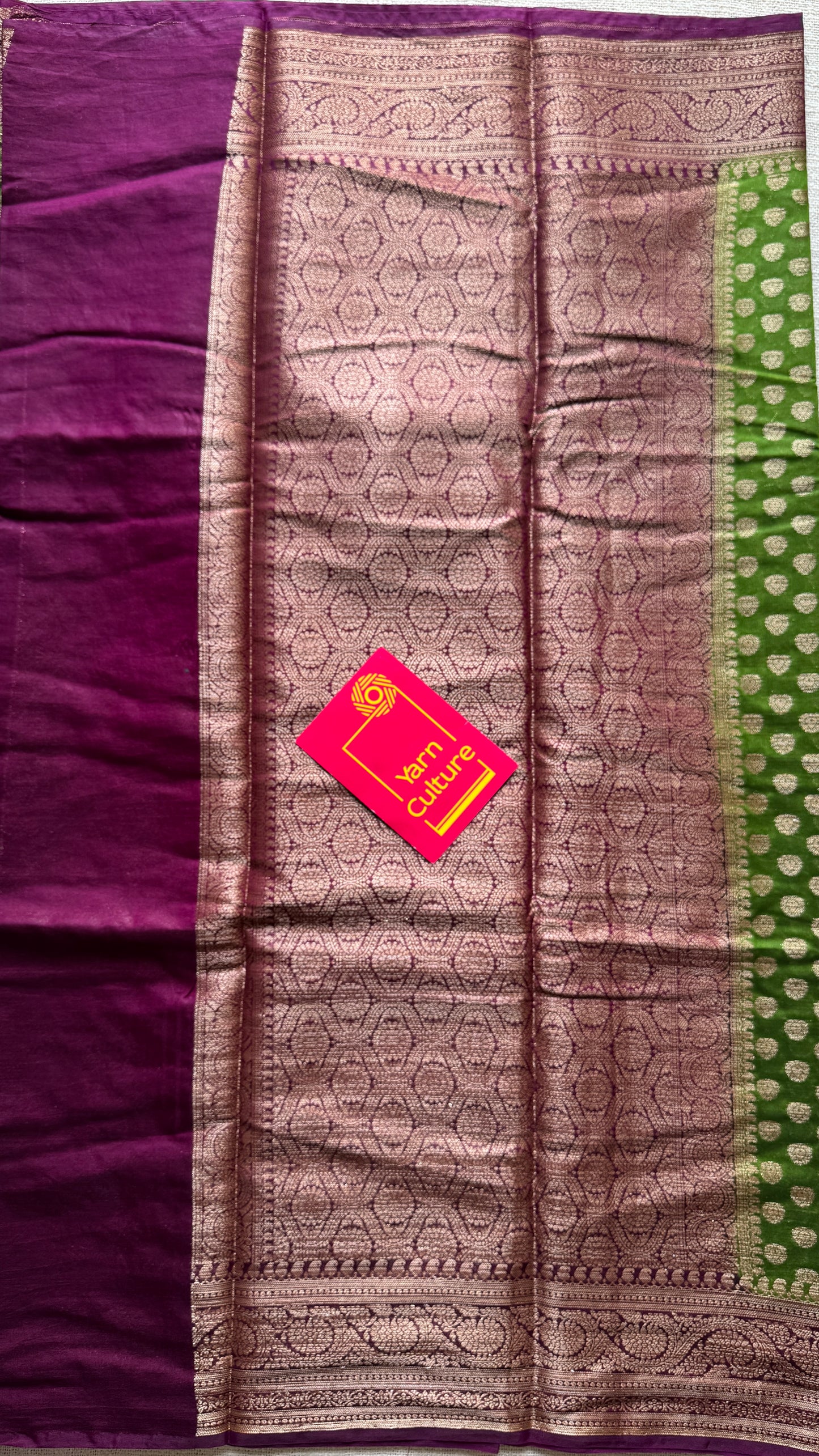 Mehendi Rang - Green antique gold with contrast purple border & pallu,  Banarasi semi georgette