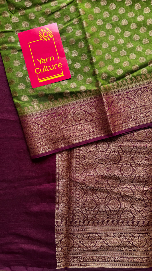 Mehendi Rang - Green antique gold with contrast purple border & pallu,  Banarasi semi georgette