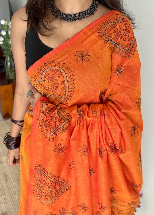 Shondhya Alo (সন্ধ্যা আলো) - Evening Light, orange kantha weave in soft khadi cotton - YCBCKKC03