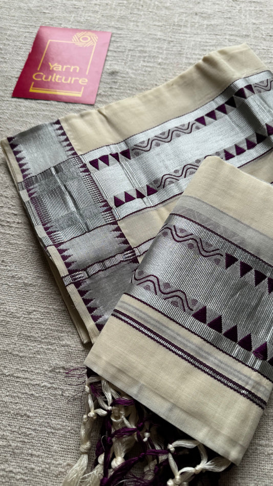 Set mund with temple border, purple with ivory and silver zari - YCON25KCST13
