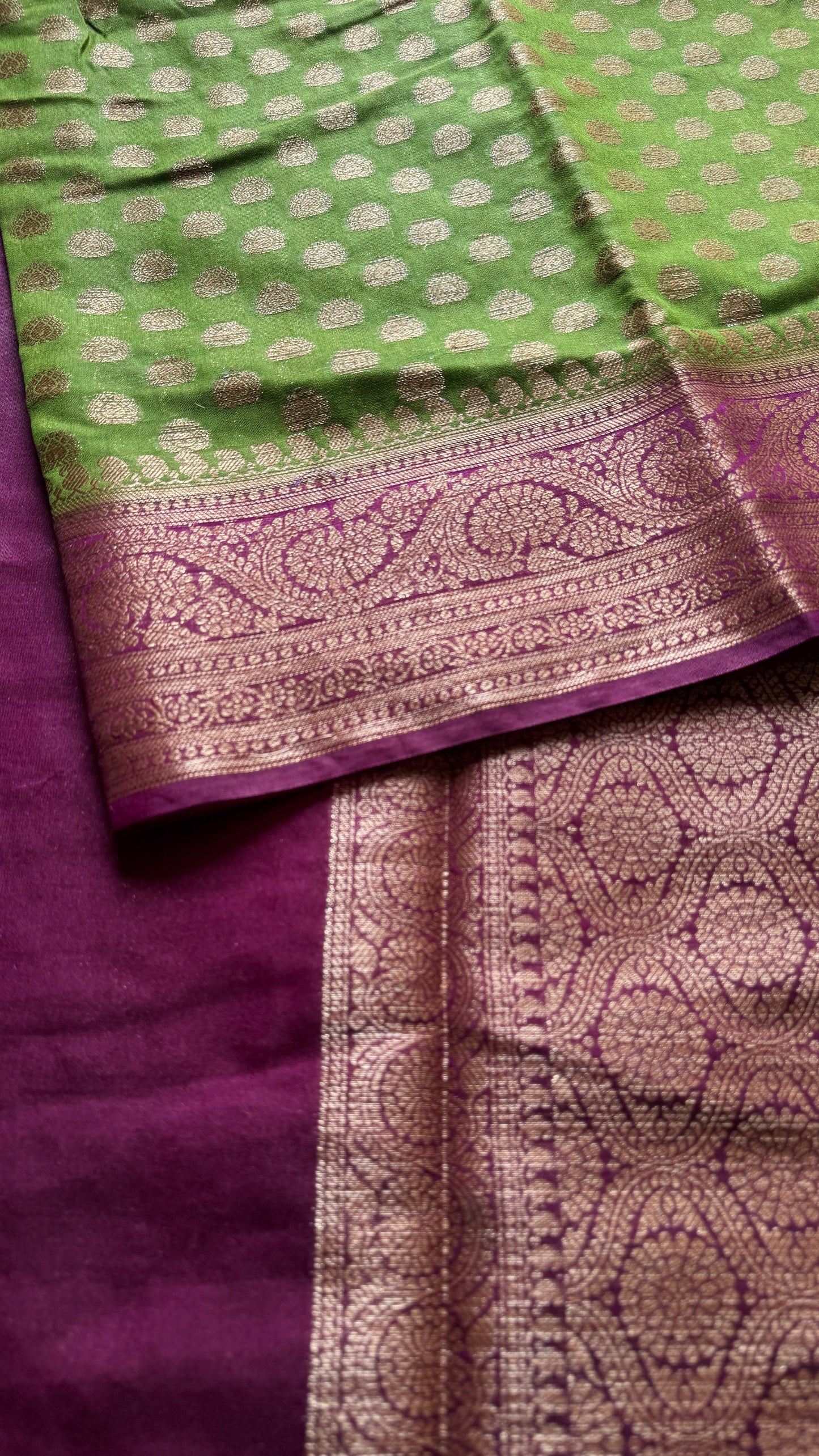 Mehendi Rang - Green antique gold with contrast purple border & pallu,  Banarasi semi georgette