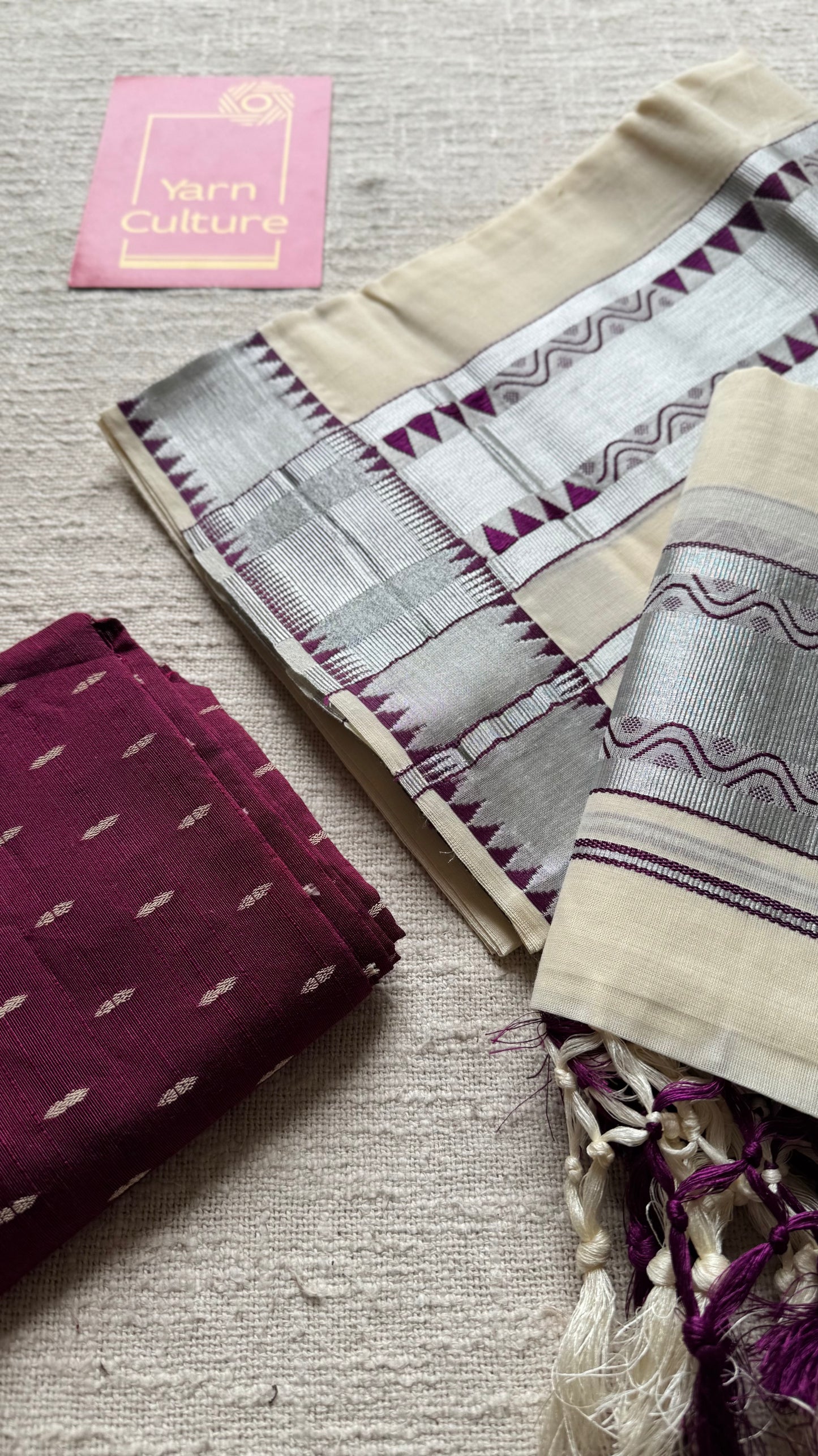 Set mund with temple border, purple with ivory and silver zari - YCON25KCST13