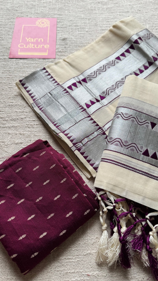 Set mund with temple border, purple with ivory and silver zari - YCON25KCST13