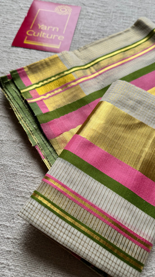 Set mund in checkered ivory and gold with pink and green kara (border), kerala tissue cotton- YCON25KCST17