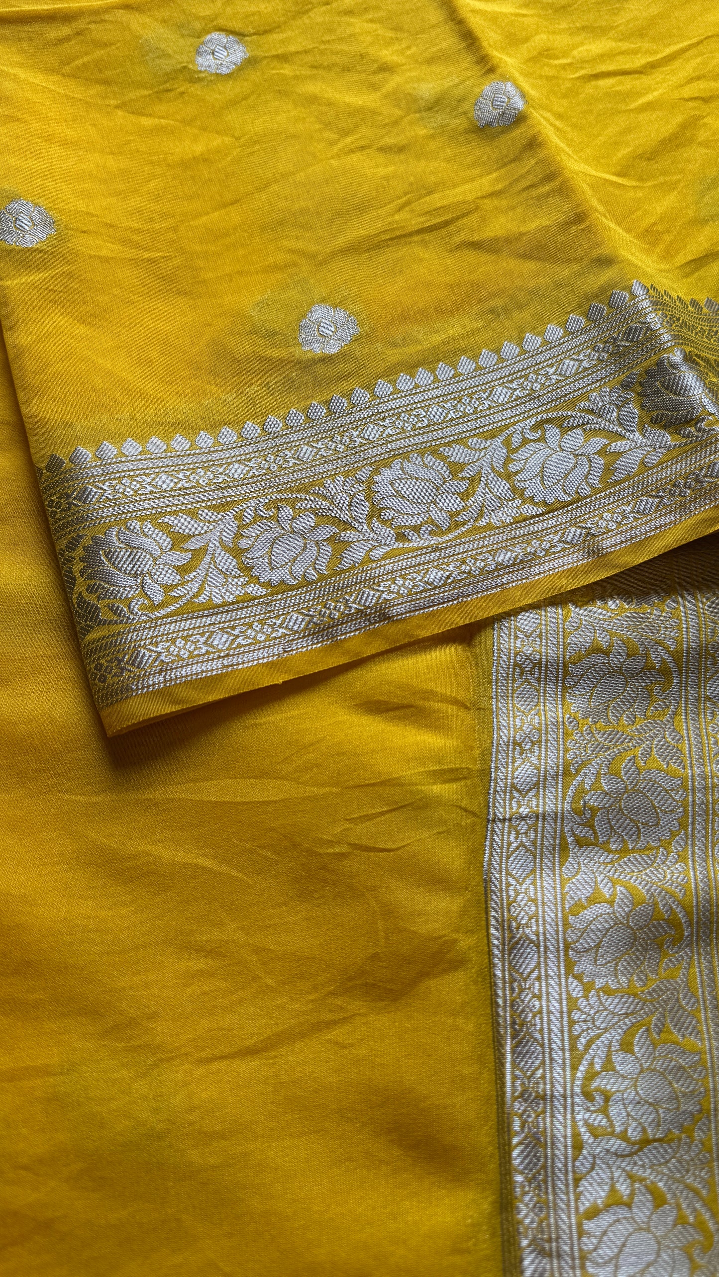 Roshni - Bright yellow silver zari, Banarasi semi chiffon