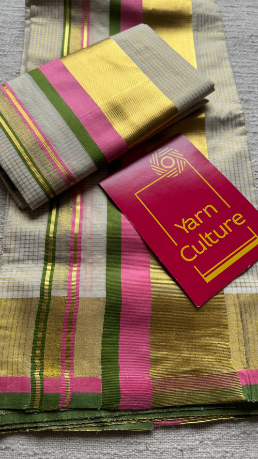 Set mund in checkered ivory and gold with pink and green kara (border), kerala tissue cotton- YCON25KCST17