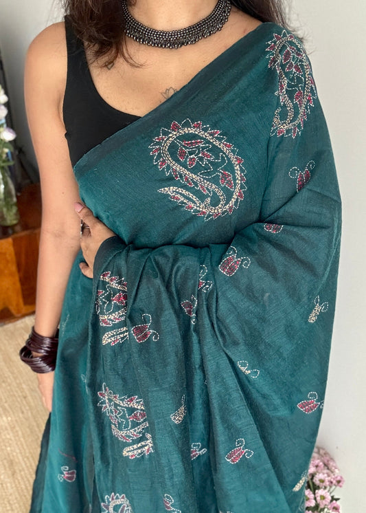 Mayurshobuj (ময়ূরশোবুজ) - Peacock Green, peacock green kantha weave in soft khadi cotton - YCBCKKC09