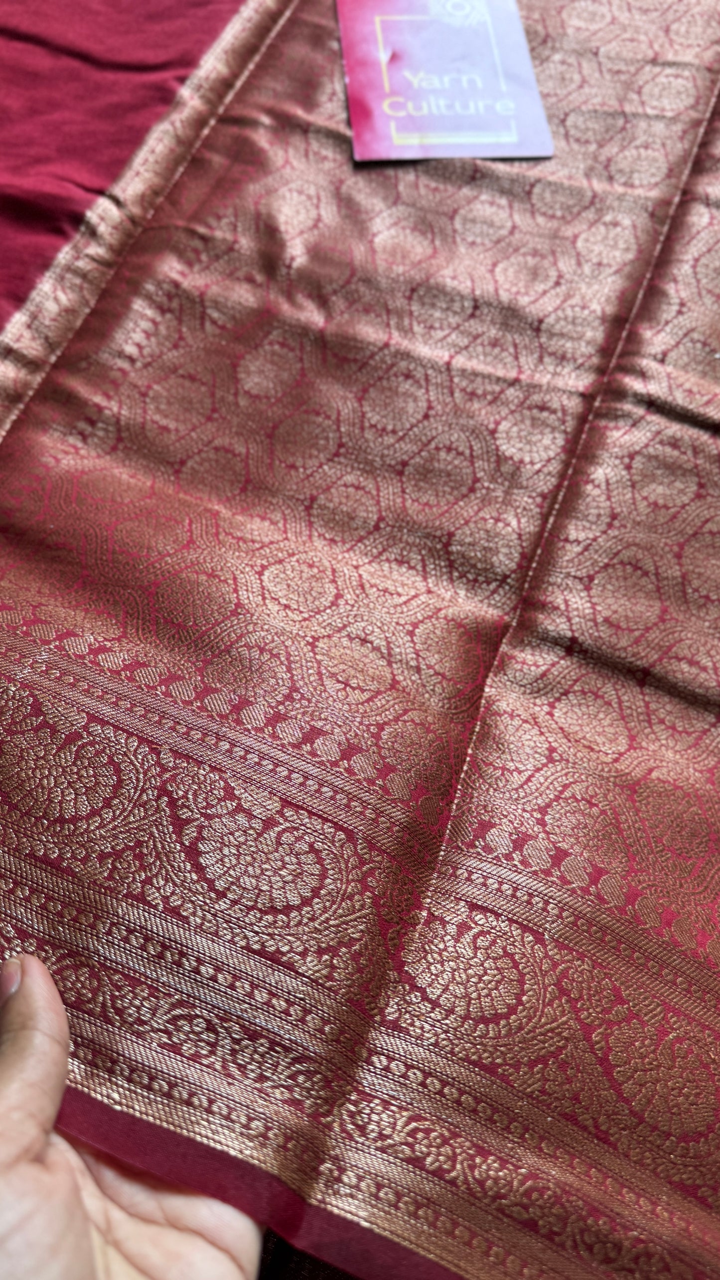 Ujjwala - Yellow antique gold with contrast maroon border & pallu,  Banarasi semi georgette