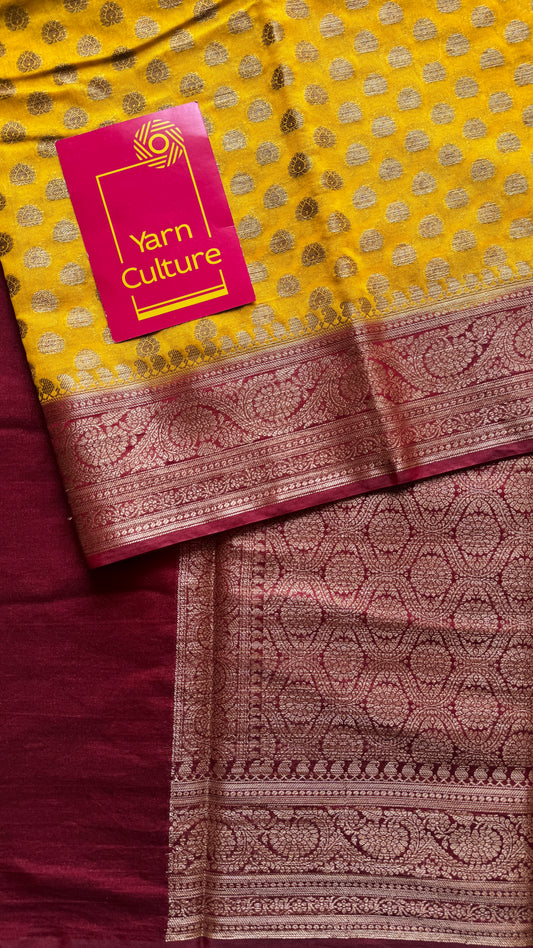 Ujjwala - Yellow antique gold with contrast maroon border & pallu,  Banarasi semi georgette