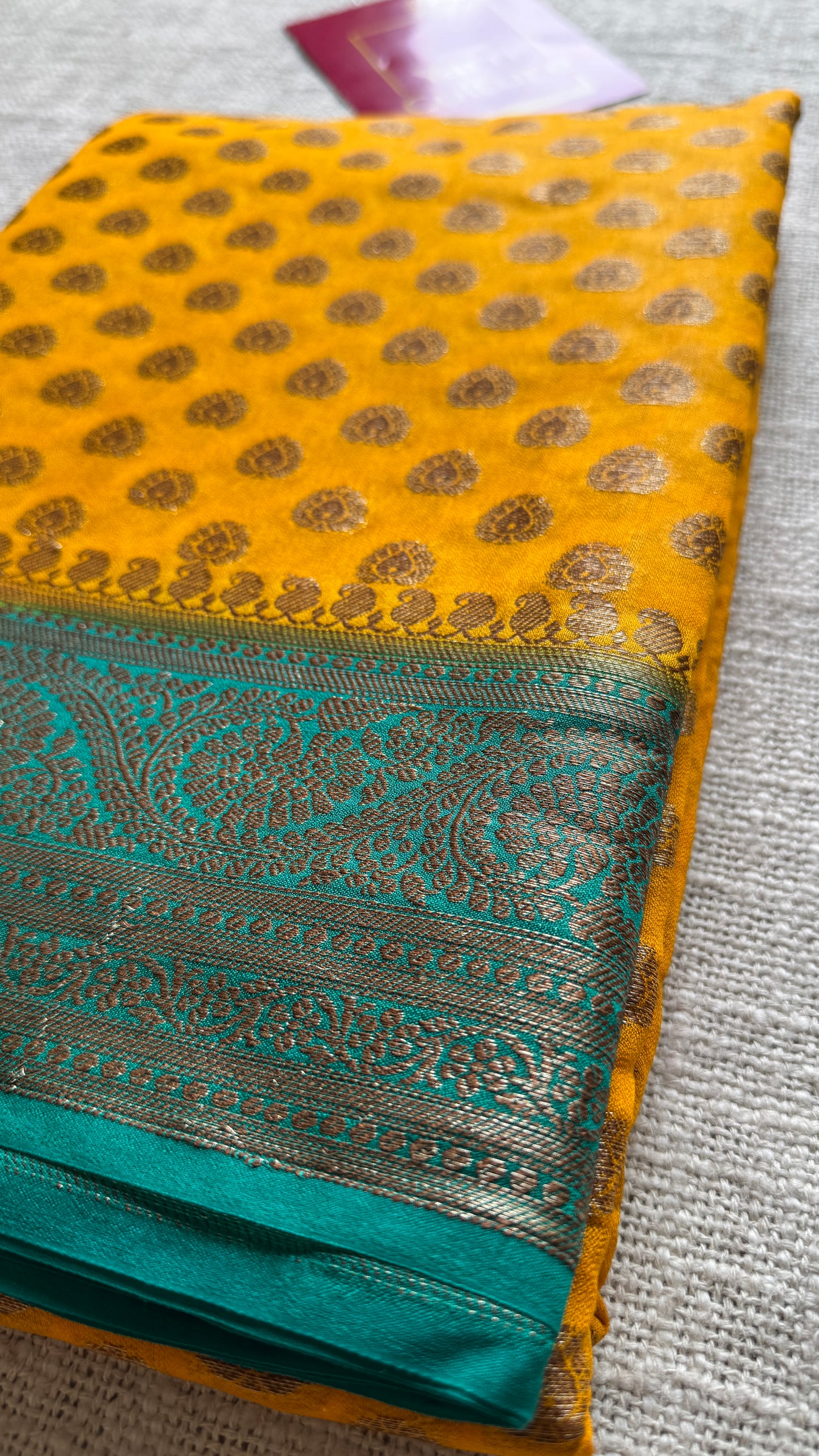 Vibhuti - Dark yellow antique gold with contrast turquoise border & pallu, Banarasi semi georgette